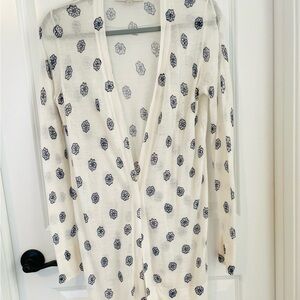White Cardigan with Blue Floral Pattern